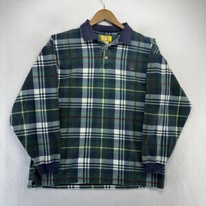 Vintage Duck Head Rugby Polo Shirt Men's Large Blue Green Plaid Check Logo 90s